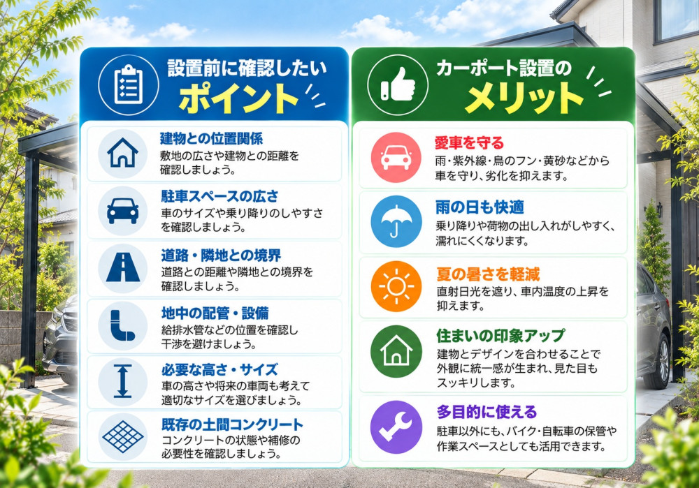 カーポートは後付けできる？既存の土間コンクリートがある場合の施工方法や、柱の位置・サイズなど、設置前に確認したいポイントを分かりやすくご紹介します。